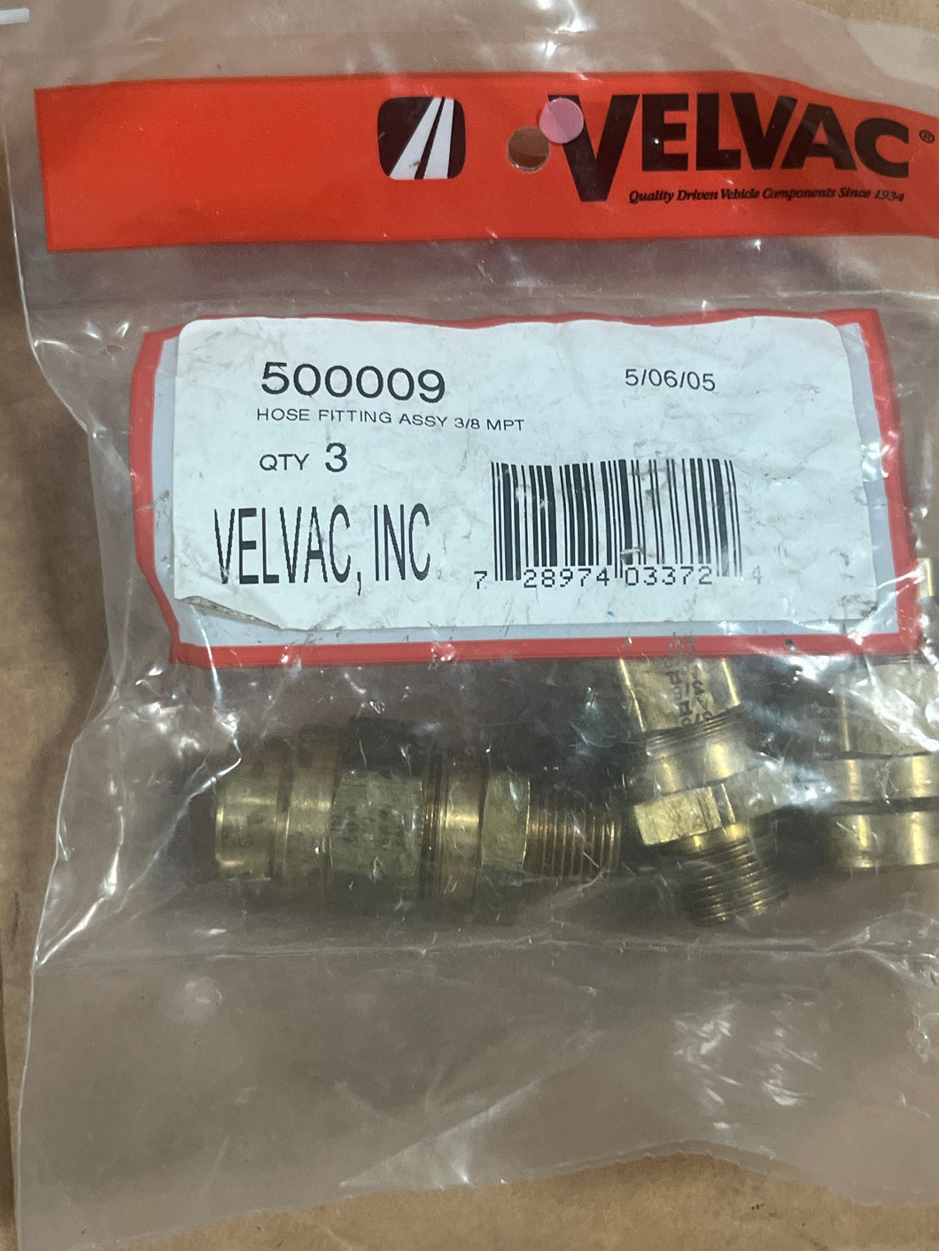 Velvac 500009 Brass Hose Fitting 3/8 MPT Pk of 3