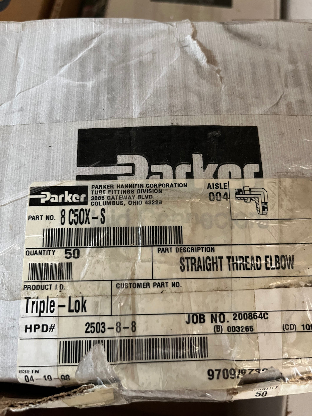 Parker Fittings 8C50X-S Fitting, Elbow Str. Thread Pack of 50