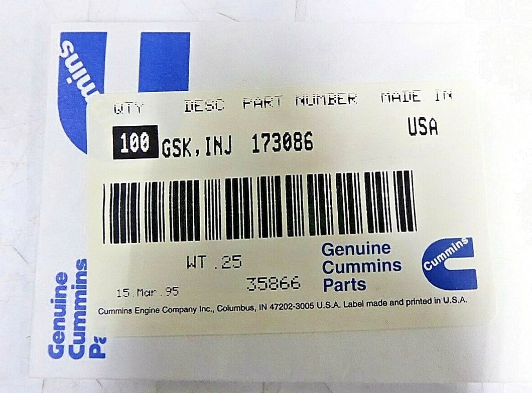 173086 Cummins OEM Gasket, Injector Pack of 100