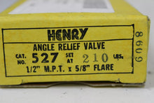 Load image into Gallery viewer, Henry 527 Angle Relief Valve set at 210 Lbs 1/2" MPT x 5/8" Flare New
